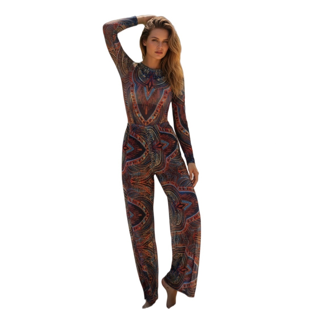 Womens Long Sleeve Printed Mesh Swimsuit with Pants 2 Piece Beach Bathing Suit